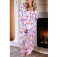 Pink Striped Bow Print Contrast Piping Trim Shirt and Pants 2pcs Pajama Set