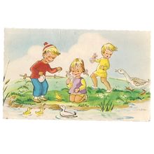 three children ducks and goose by Leoni CONSTANCE used postcard 1973 pm #