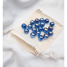 LUSTERED BLUE - 25 Glass Marbles, Iridescent Transparent, 14mm with Cotton Pouch