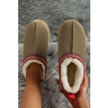 Sage Green Suede Contrast Print Round Toe Plush Lined Flats