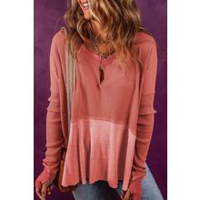 Mineral Red Exposed Seam Slit Neck Waffle Knit Patchwork Top