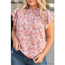 Pink Plus Size Floral Print Ruffled Sleeve Frilled Neck Blouse