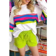White Colorful Striped Accent Long Sleeve T Shirt