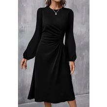 Black Solid Color Ruched Detail Long Sleeve Midi Dress