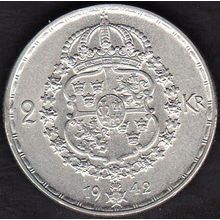 1942 Sweden 2 Kronor Silver Coin