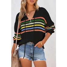 Black Striped Detail Zip Up Hooded Sweater Cardigan