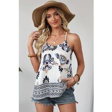 Blue Bohemian Fashion Print Spaghetti Straps Loose Tank