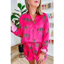 Strawberry Pink Cheetah Print Satin Shirt and Shorts Lounge Set