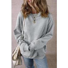 Light Grey Solid Fleece Lined Crew Neck Casual Sweatshirt