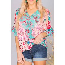 Multicolor Leopard Floral Mixed Print Ruffle Sleeve Surplice Blouse