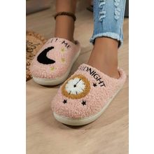 Light Pink Moon & Clock Pattern Fuzzy Home Slippers