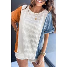 Light Blue Textured Color Block Loose Fit T Shirt