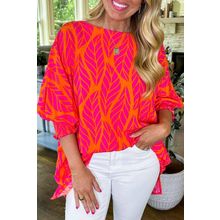 Rose Tropical Leaf Print Smocked Puff Sleeve Blouse
