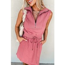 Mineral Red French Terry Zipped Collar Sleeveless Drawstring Waist Mini Dress