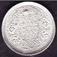 1943 B India 1 Quarter Rupee Silver Coin