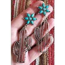 Silvery Western Turquoise Flower Cactus Dangle Earrings