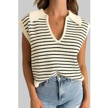 Beige Stripe Turn-down V Neck Sweater Tank Top