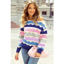 Dark Blue Wave Striped Balloon Sleeve Drop Shoulder Sweater