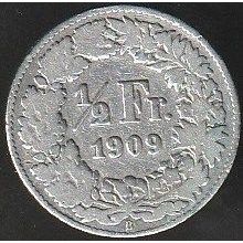 1909 B Switzerland 1 Half Franc Silver Coin