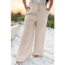 Beige Smocked High Waist Wide Leg Plus Size Pants
