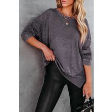 Gray Waffle Knit Side Slit Pullover Top