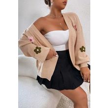 Smoke Gray Floral Applique Drop Shoulder Bubble Sleeve Cardigan
