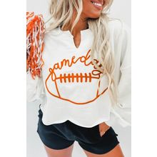 Bright White Game Day Lettering Rugby Notched Neck Sweatshirt