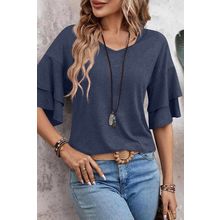 Sail Blue Solid Colour V-Neck Double Layer Sleeve Loose T-Shirt
