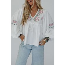 White Flower Lace-up V Neck Babydoll Blouse