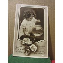 LOVING BIRTHDAY WISHES .. used vintage postcard RP 1934 pm girl and goldfish