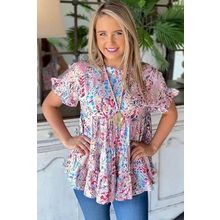 Pink Floral Print Ruffle Sleeve Babydoll Top