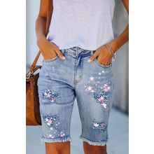 Sky Blue Flower Leopard Patchwork Slim Fit Distressed Denim Shorts