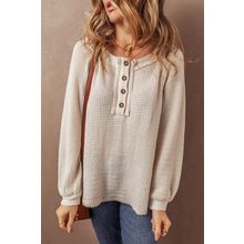Oatmeal Waffle Knit Buttoned Front Raglan Sleeve Loose Blouse