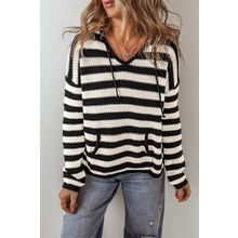 White Stripe V Neck Pocketed Drawstring Hooded Sweater