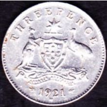 1921 M Australia 1 Threepence Silver Coin