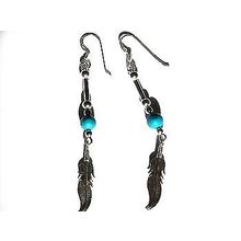 New .925 Sterling Silver Feather Dangle Earrings with Turquoise