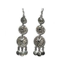 Sterling Silver Inlaid Onyx Mutli Ethnic Dangle Earrings