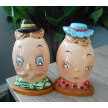 Vintage Salt & Pepper Shakers~Anthropomorphic Mr & Mrs Egg Head Rhinestone Eyes