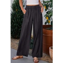Black Side Pockets Frilled Smocked High Waist Wide Leg Jeans