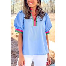 Sky Blue Contrast Striped V Neck Collision Short Puff Sleeve Blouse