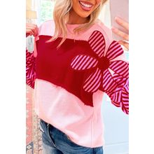 Pink Floral Patch Color Block Striped Sleeve Textured Top