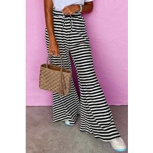 Black Stripe Lace-up Waist Casual Flared Pants