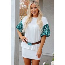 White Contrast Floral Puff Sleeve Oversized Top