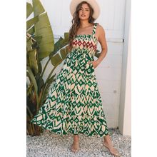 Green Western Aztec Shirred A-line Sleeveless Maxi Dress