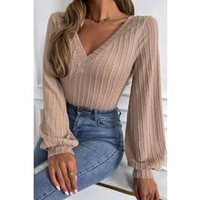 Khaki Knitted Jacquard V Neck Lantern Sleeve Top