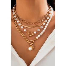 Gold Pearl Decor Plated Adjustable Chain Layered Necklace