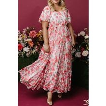 Pink Plus Size Floral Square Neck Puff Sleeve Ruffle Maxi Dress