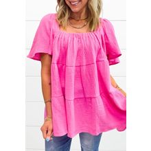 Bright Pink Textured Square Neck Flutter Sleeve Tiered Flowy Blouse
