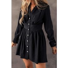 Black Elastic Cinched High Waist Long Sleeve Shirt Mini Dress
