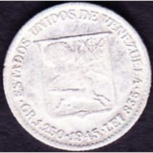 1945 Venezuela 25 Centimos Silver Coin